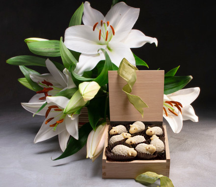 Easter Lilies with Chocolate Lambs in a Wooden Box